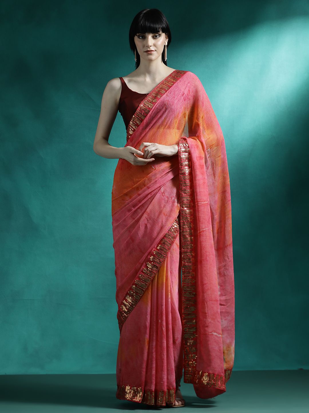 

Sangria Ethnic Motifs Printed Sequinned Saree With Blouse Piece, Pink