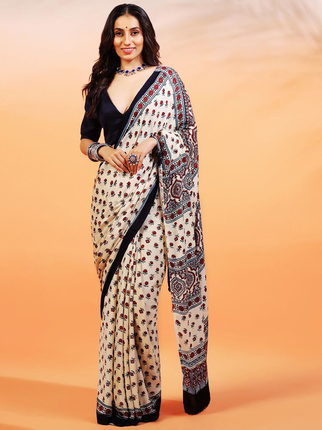 

ADITRI Handloom Handblock Printed Ajrakh Modal Silk Saree, Off white
