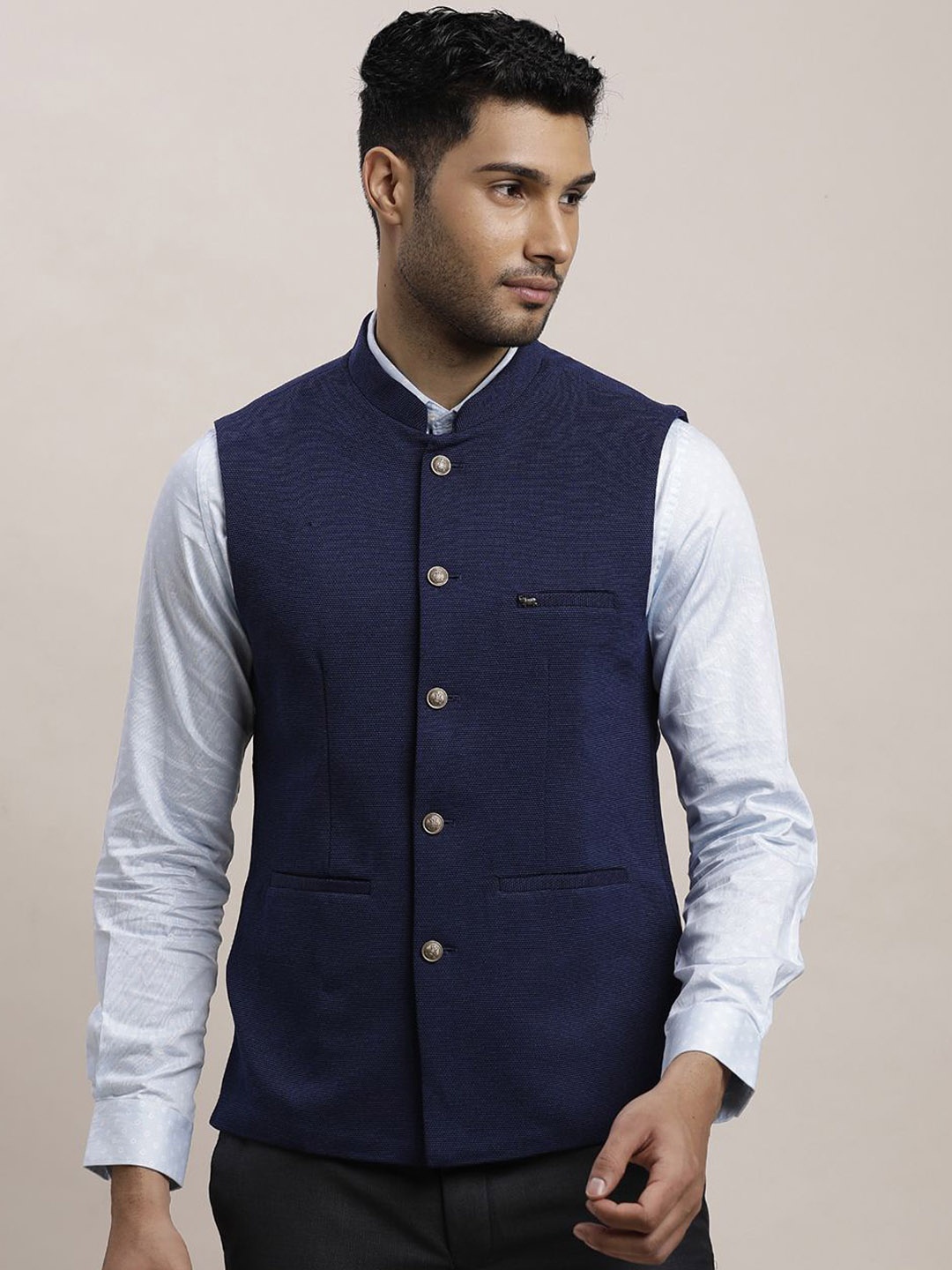 

Turtle Printed Nehru Jacket, Blue