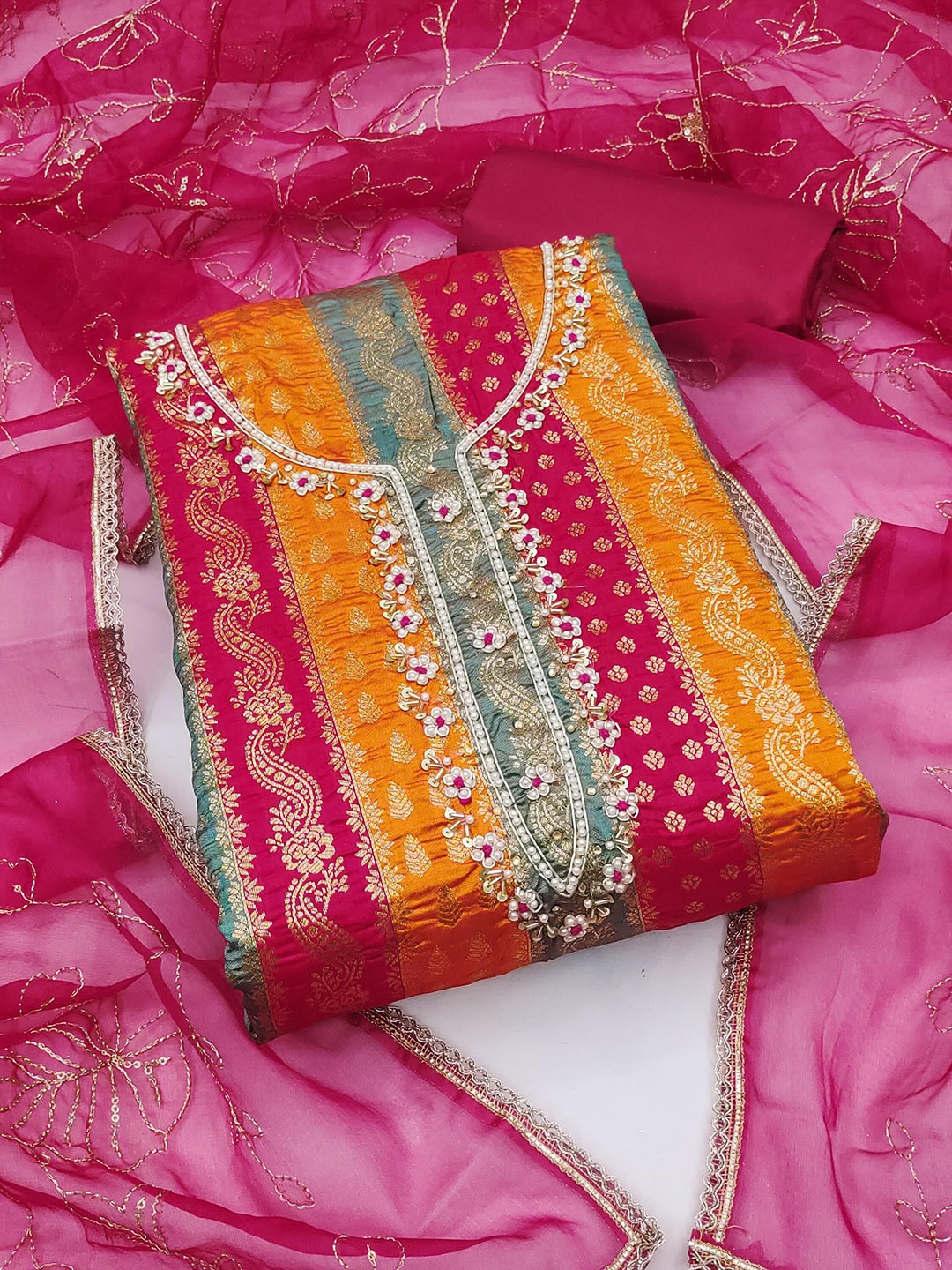 

Ishin Floral Embroidered Beads and Stones Unstitched Dress Material, Pink