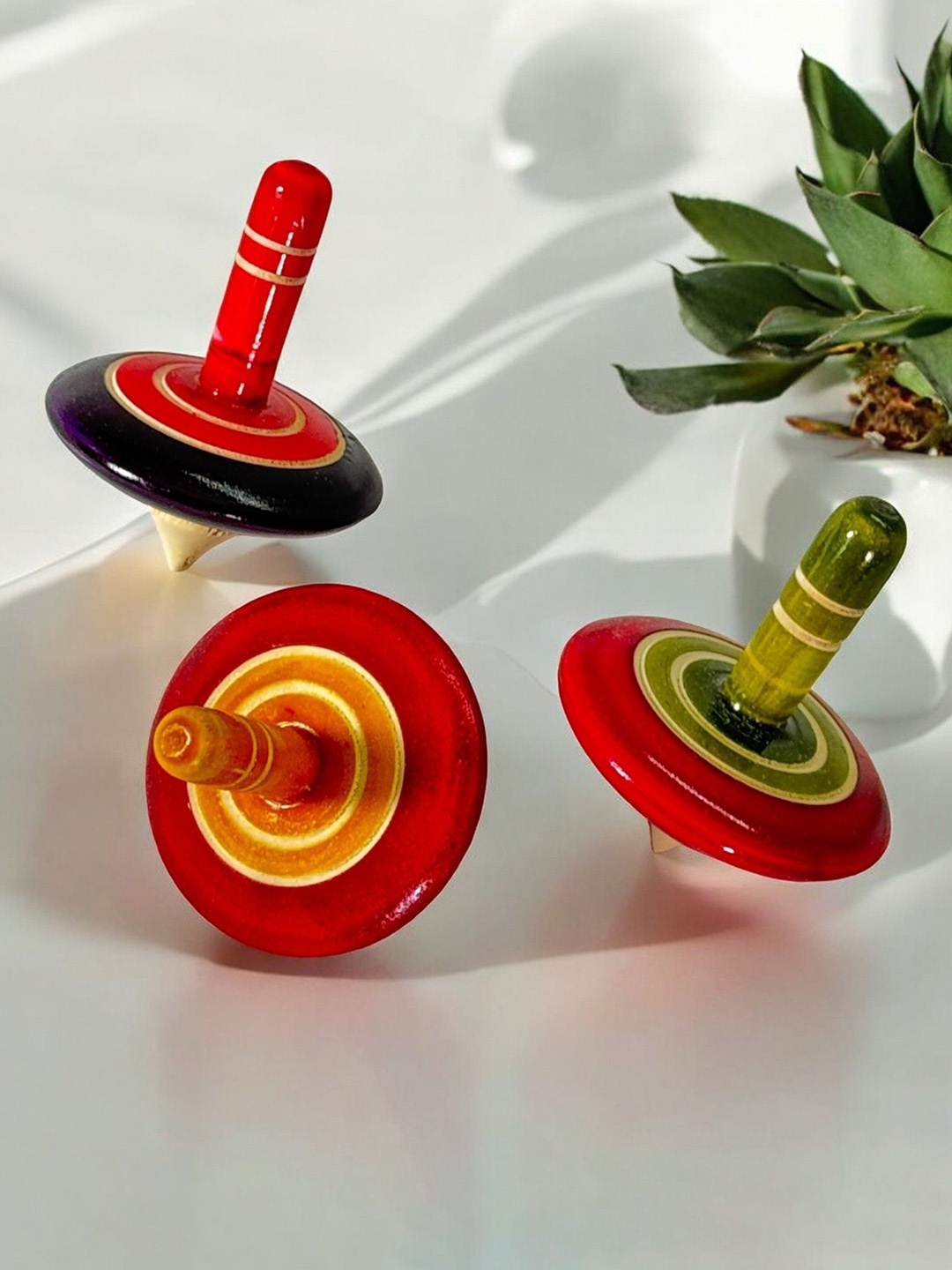 

LITTLE GINNIE Kids 3 Pcs Wooden Toys Spinning Top, Red