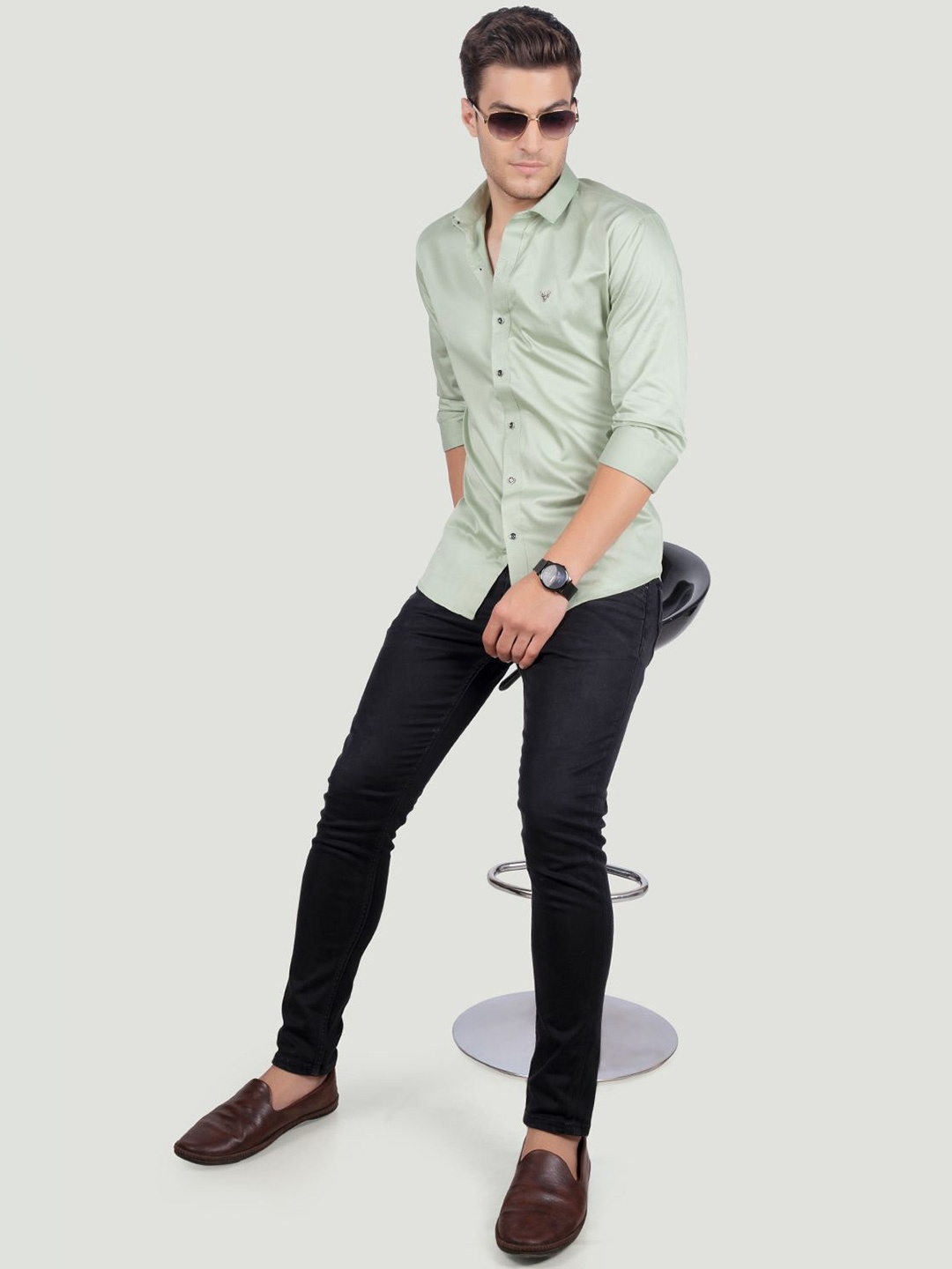 

ALMATY Men Comfort Spread Collar Solid Cotton Slim Fit Party Shirt, Green