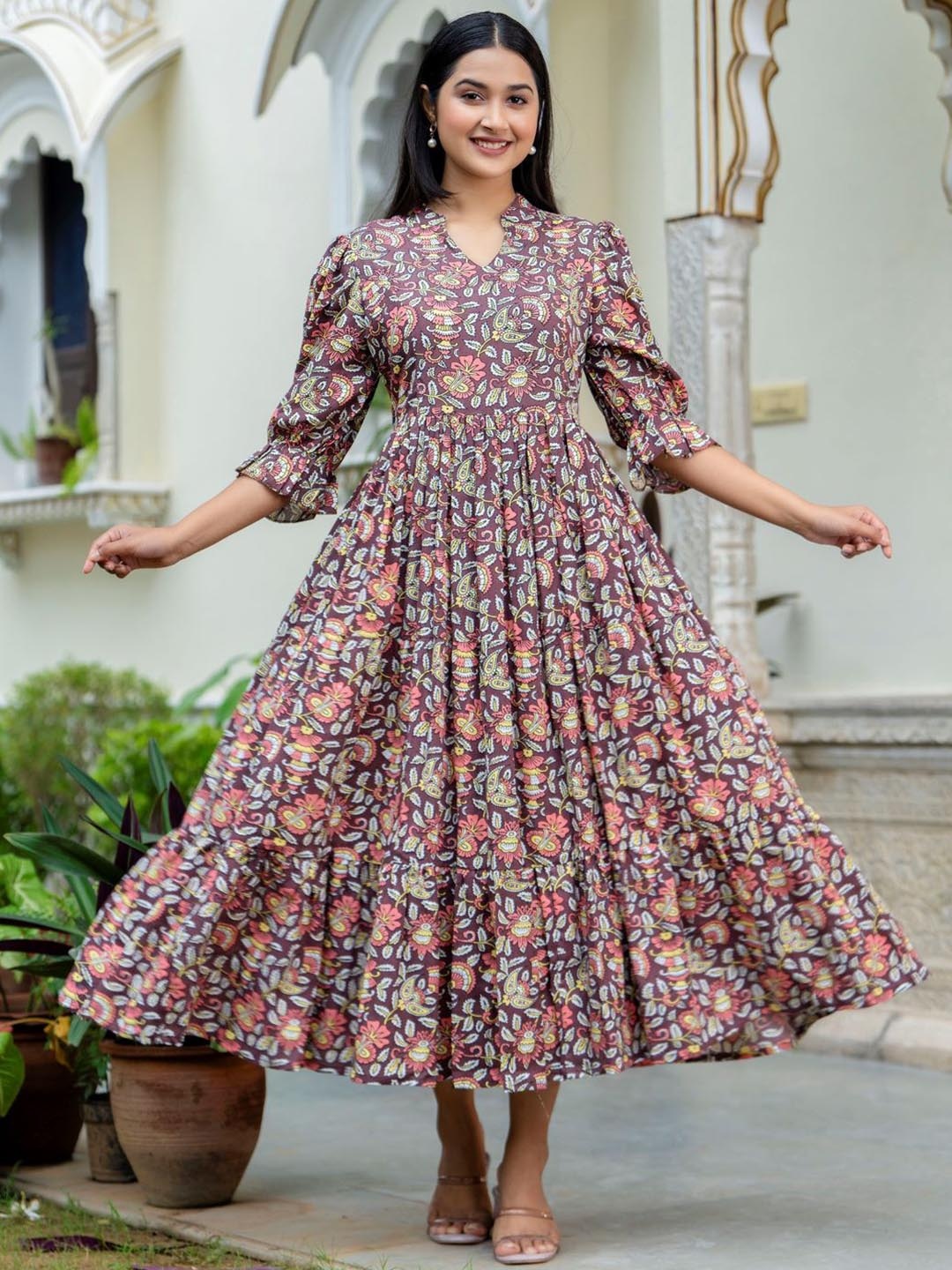

Charnest Floral Printed Mandarin Collar Puff Sleeves Anarkali Kurta, Purple