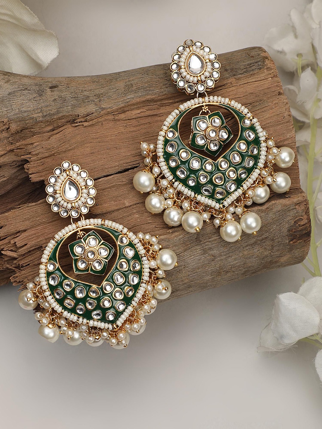 

ANIKAS CREATION Gold-Plated Kundan Studded Contemporary Drop Earrings, Green