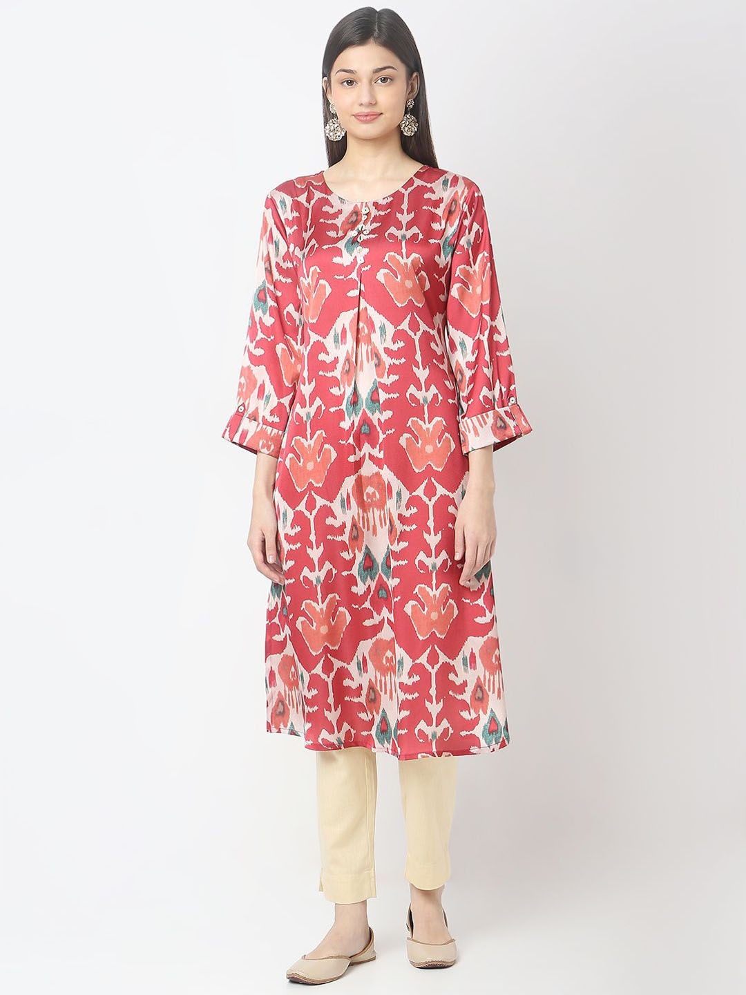 

NYLANGAN Floral Printed Round Neck Straight Kurta, Red