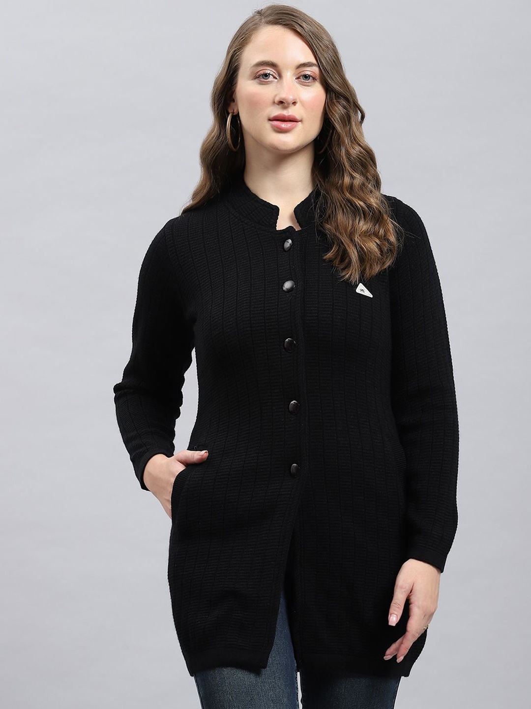 

Monte Carlo Women Self Design Single-breasted Knitted Coat, Black