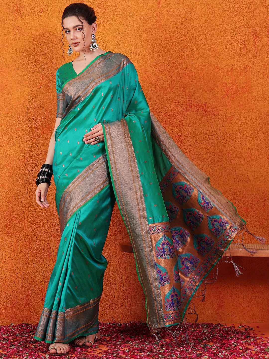 

Sangria Ethnic Motifs Woven Design Saree Comes With Unstitched Blouse Piece, Green