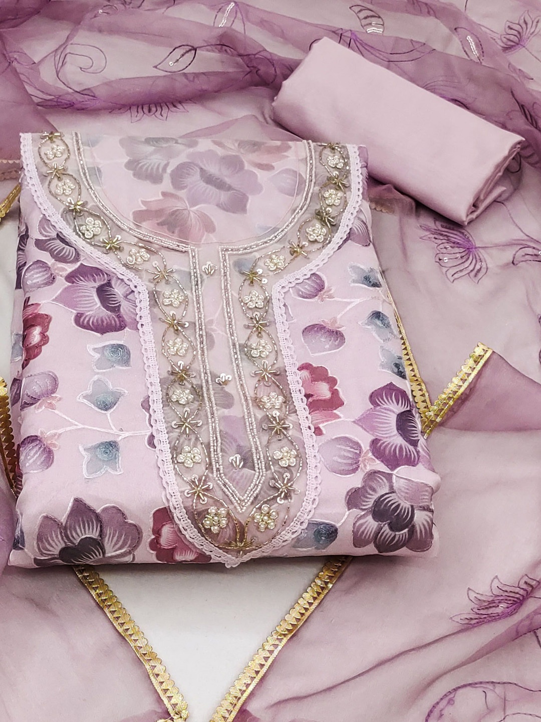 

Ishin Floral Embroidered Beads and Stones Detail Organza Unstitched Dress Material, Purple