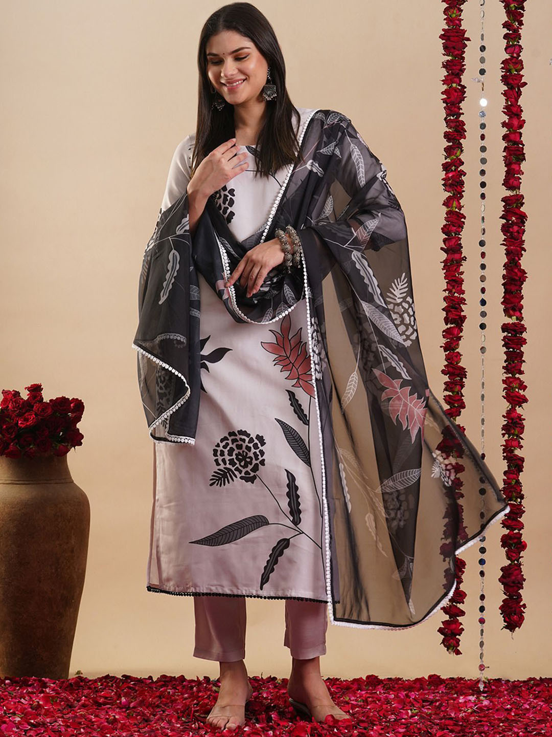 

Anni Designer Floral Printed Regular Straight Kurta with Trousers & Dupatta, Cream