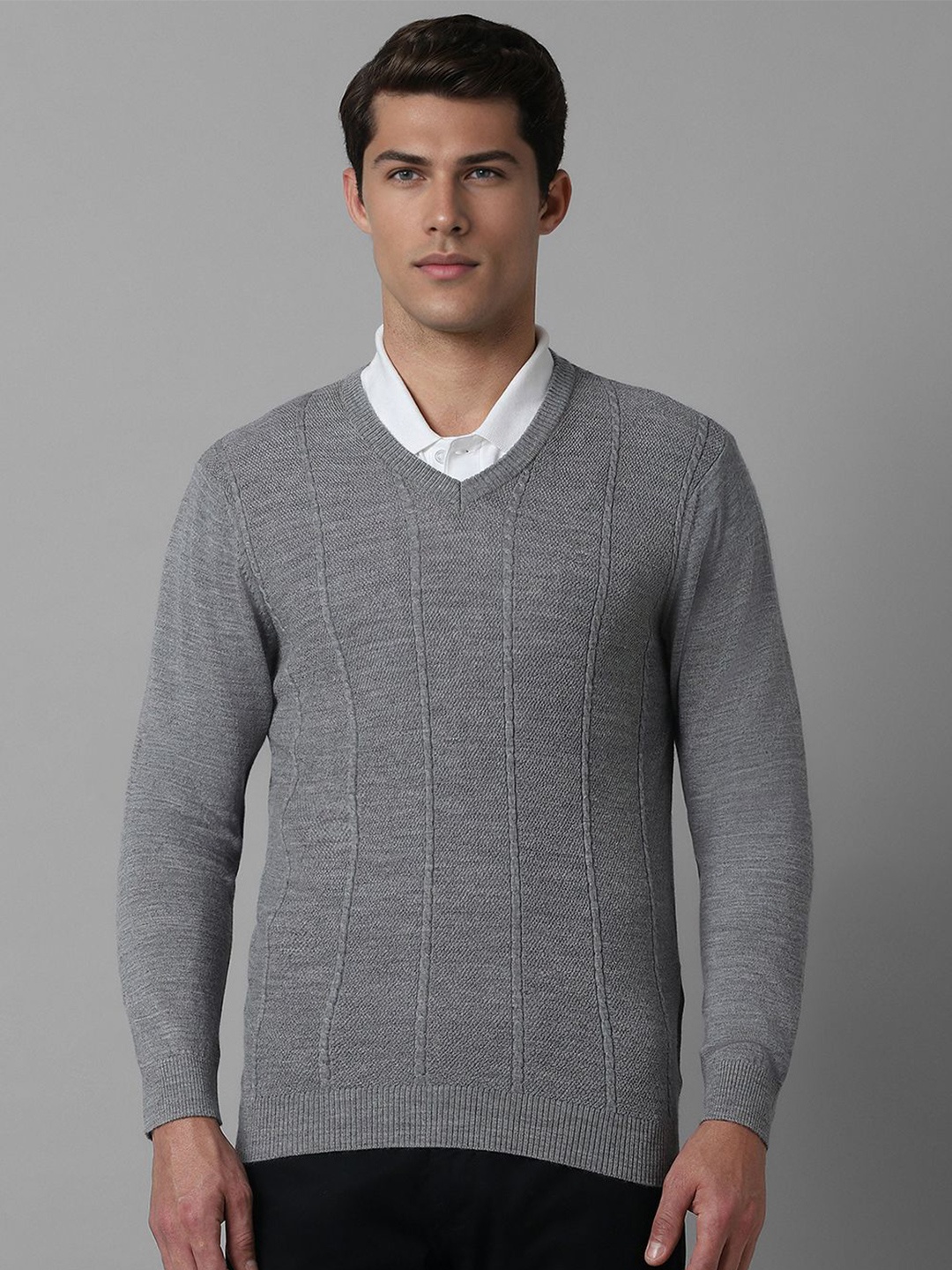 

Louis Philippe Men Striped Woollen Pullover, Grey