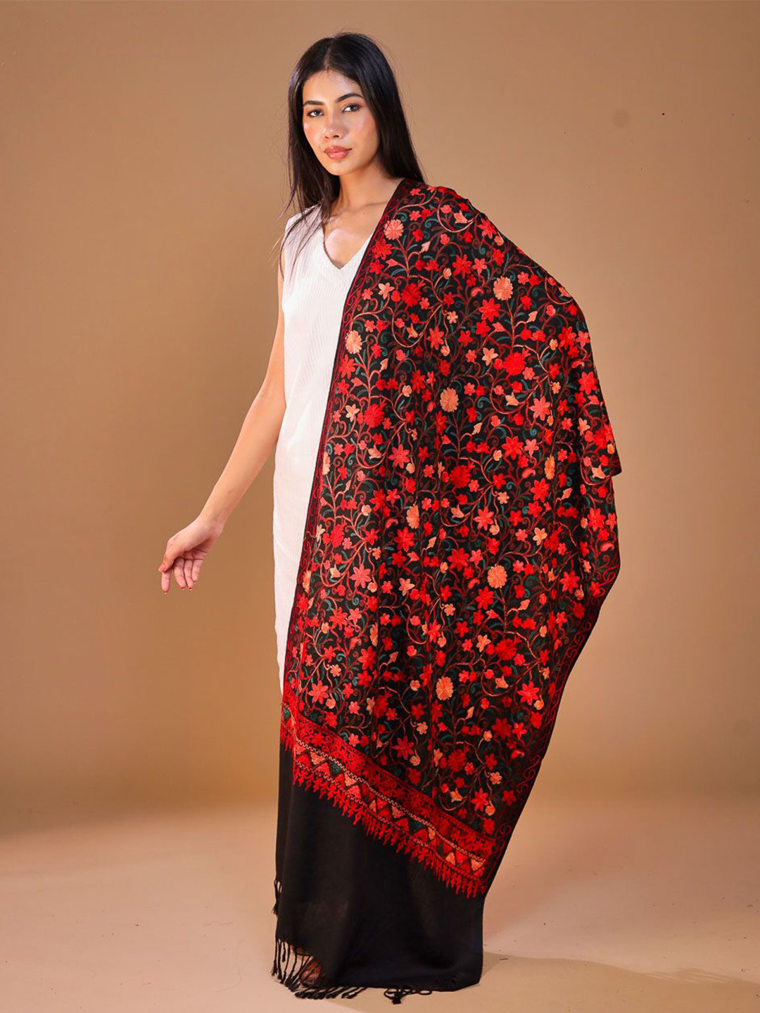 

SWI Stylish Women Aari Embroidery Wool Stole, Black