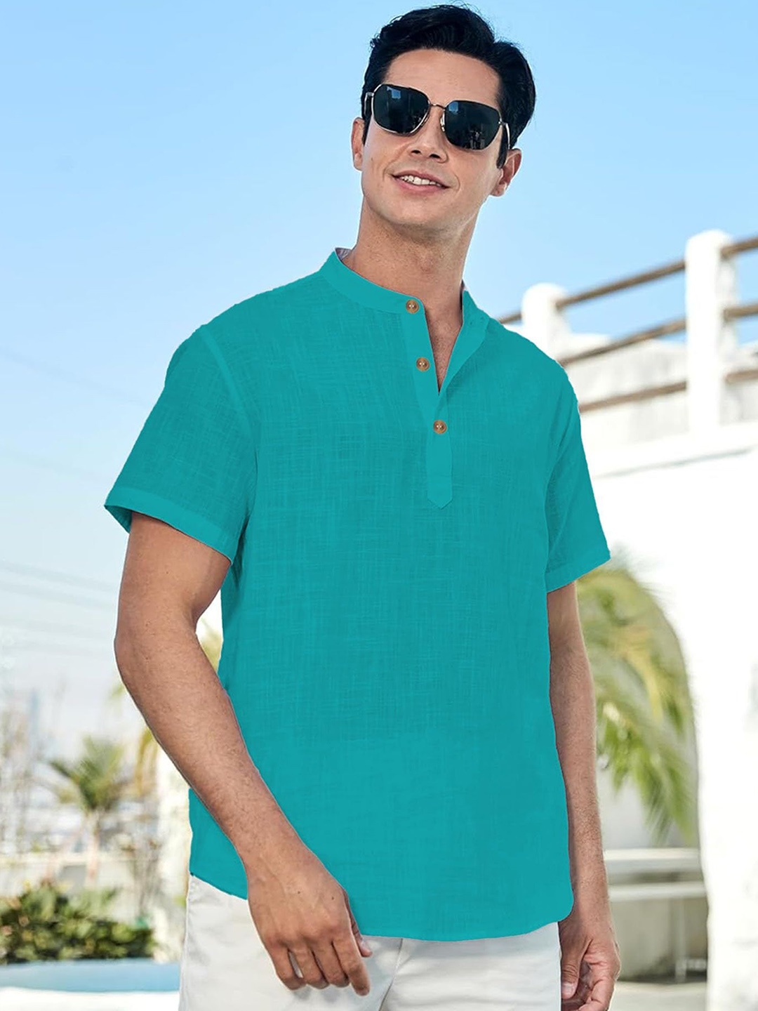 

Vida Loca Mandarin Collar Short Sleeves Cotton Straight Kurta, Turquoise blue