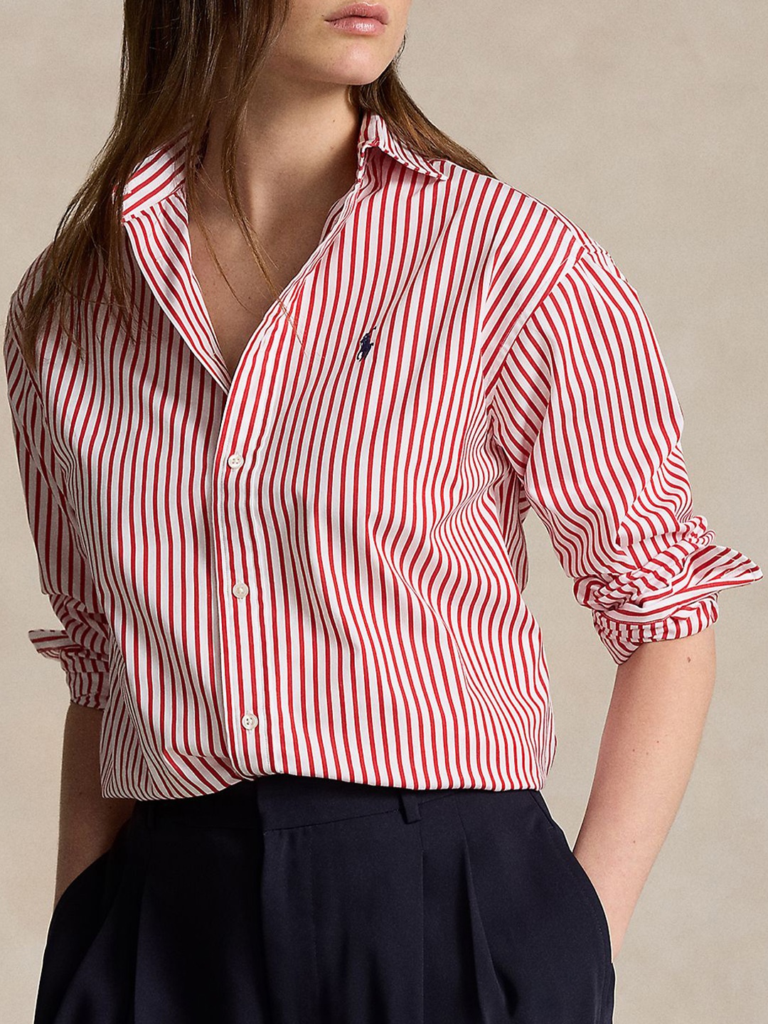 

Polo Ralph Lauren Women Spread Collar Vertical Striped Cotton Relaxed Fit Casual Shirt, Red