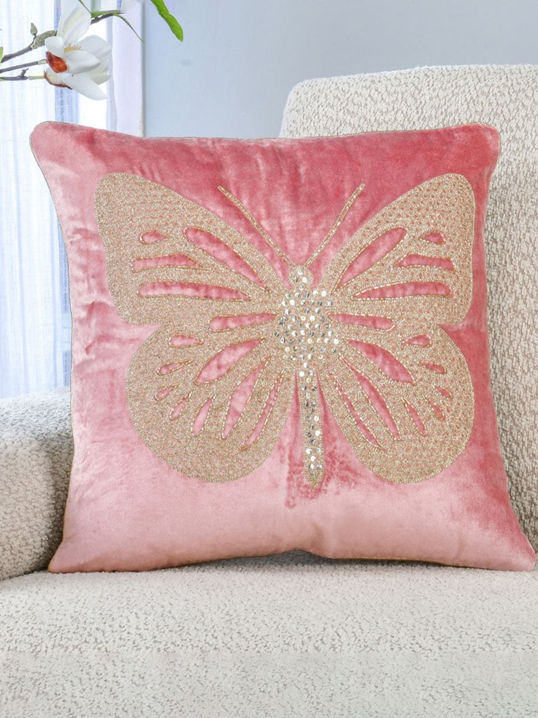 

Athome by Nilkamal Pink & Gold Toned Embellished Square Cushion Cover