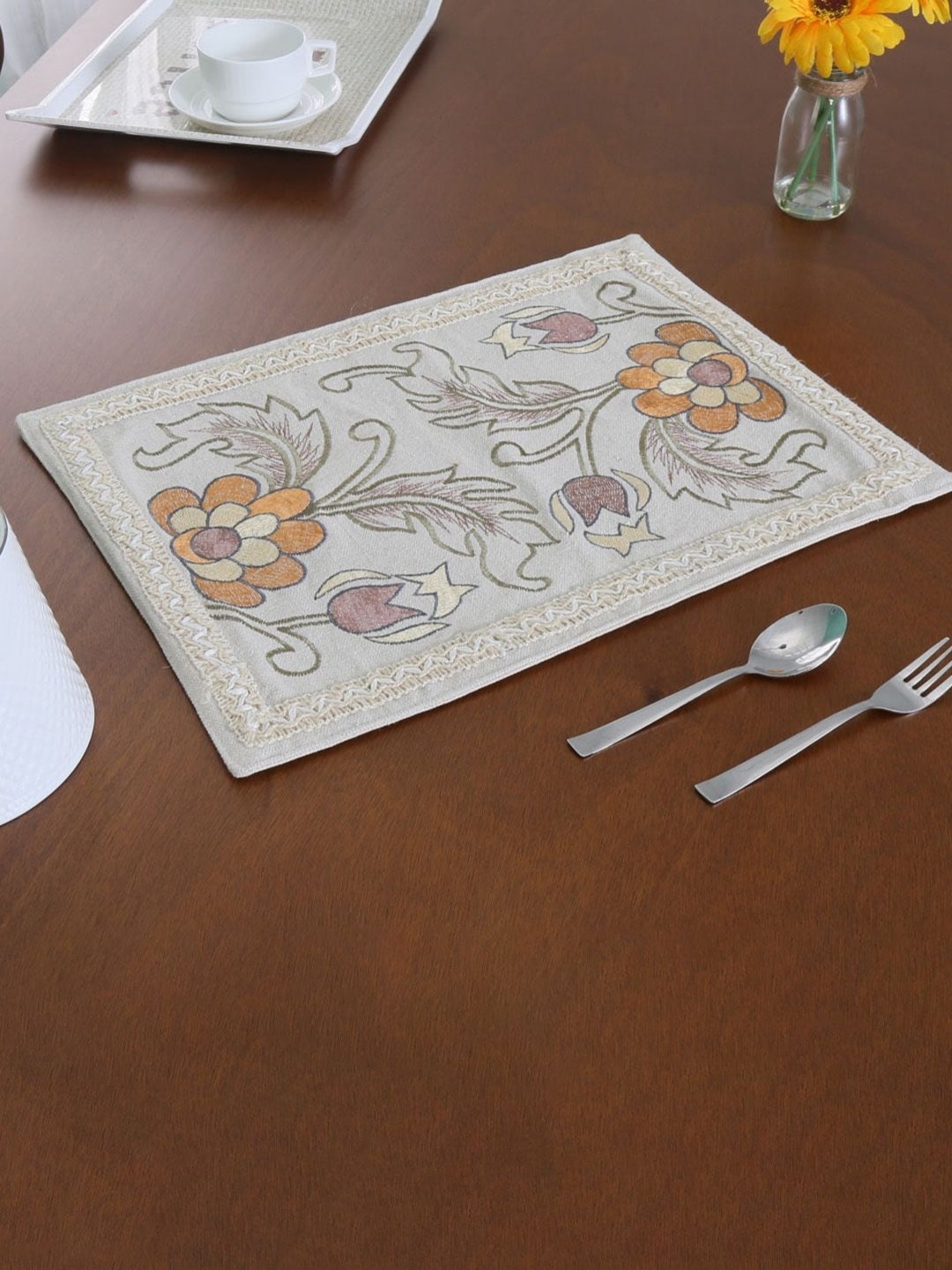 

Athome by Nilkamal Grey & Brown Floral Embroidered Cotton Table Placemat