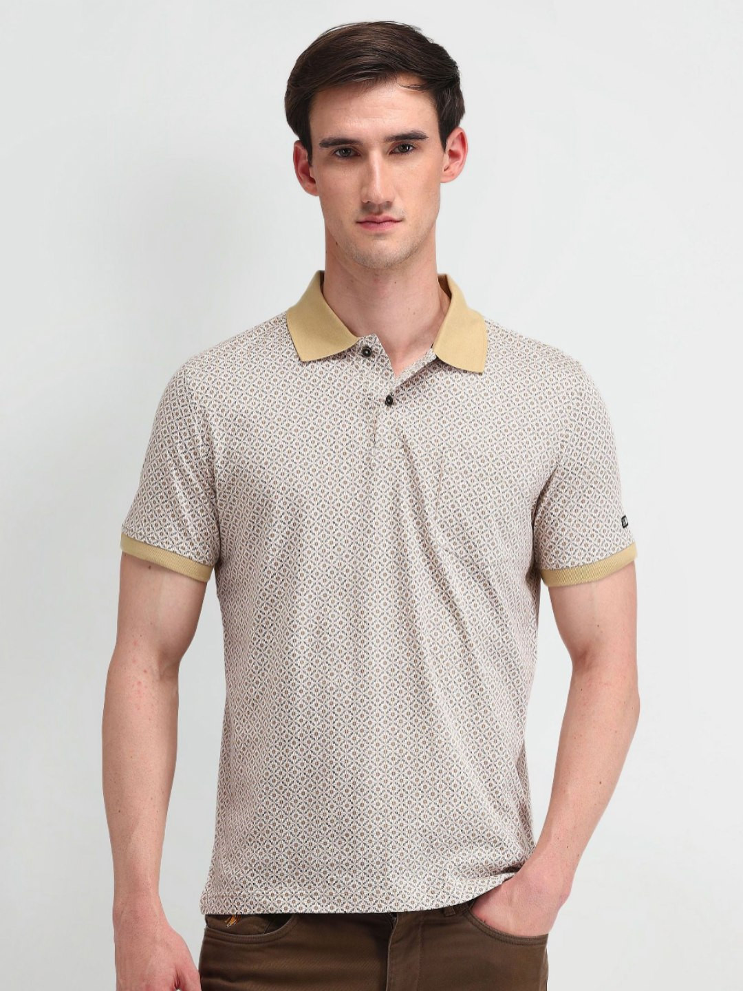 

Arrow Sport Men Geometric Printed Polo Collar Cotton T-shirt, Beige
