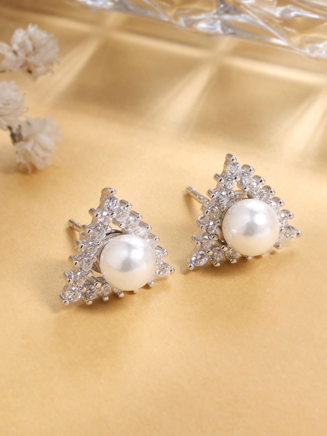 

DEESSA 925 Sterling Silver Rhodium-Plated Triangular Pearls Beaded Earrings