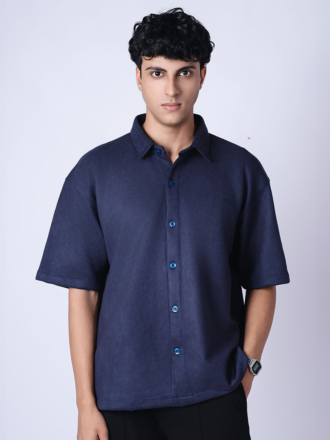 

HOP HEAD Unisex Spread Collar Solid Suede Relaxed Fit Casual Shirt, Navy blue