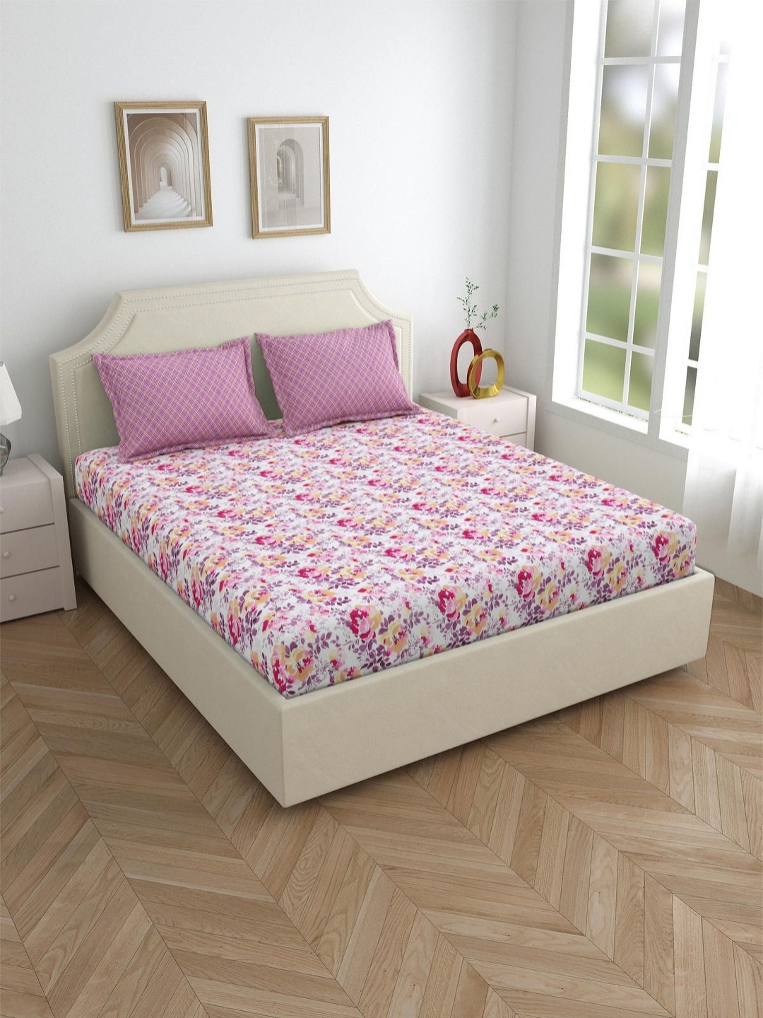 

Salona Bichona Pink Printed 180 TC Pure Cotton Fitted King Bedsheet with 2 Pillow Covers