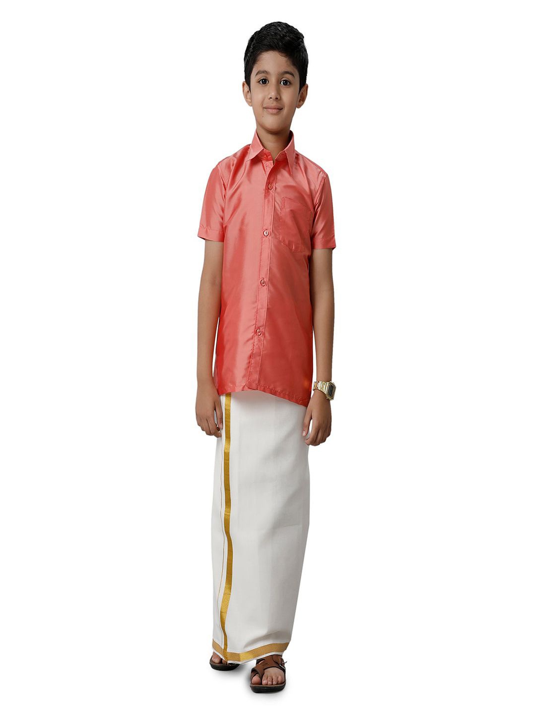 

RAMRAJ Boys Silk Cotton Shirt with Adjustable Dhoti Combo, Pink