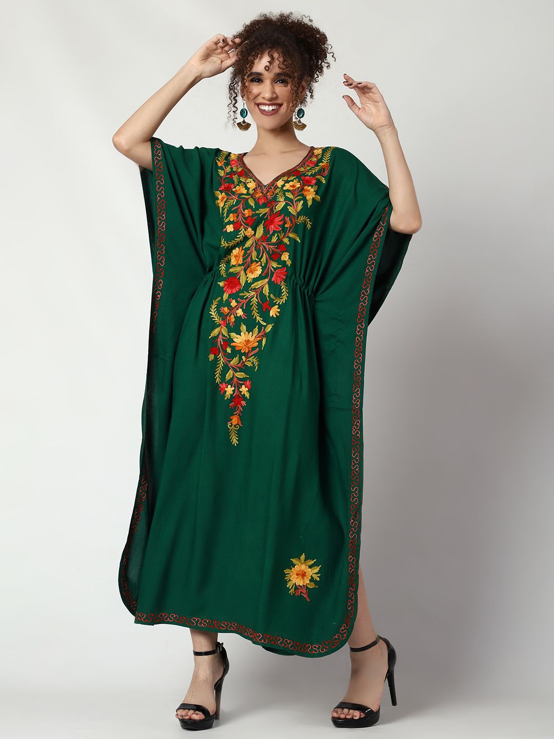 

CRAFTBAZAR Floral Embroidered Kaftan Maxi Dress, Green