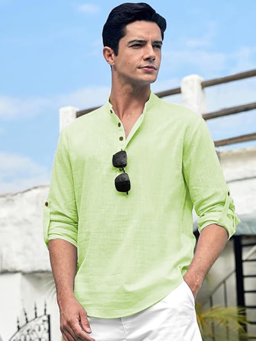 

Vida Loca Band Collar Roll-Up Sleeves Pure Cotton Short Kurta, Sea green
