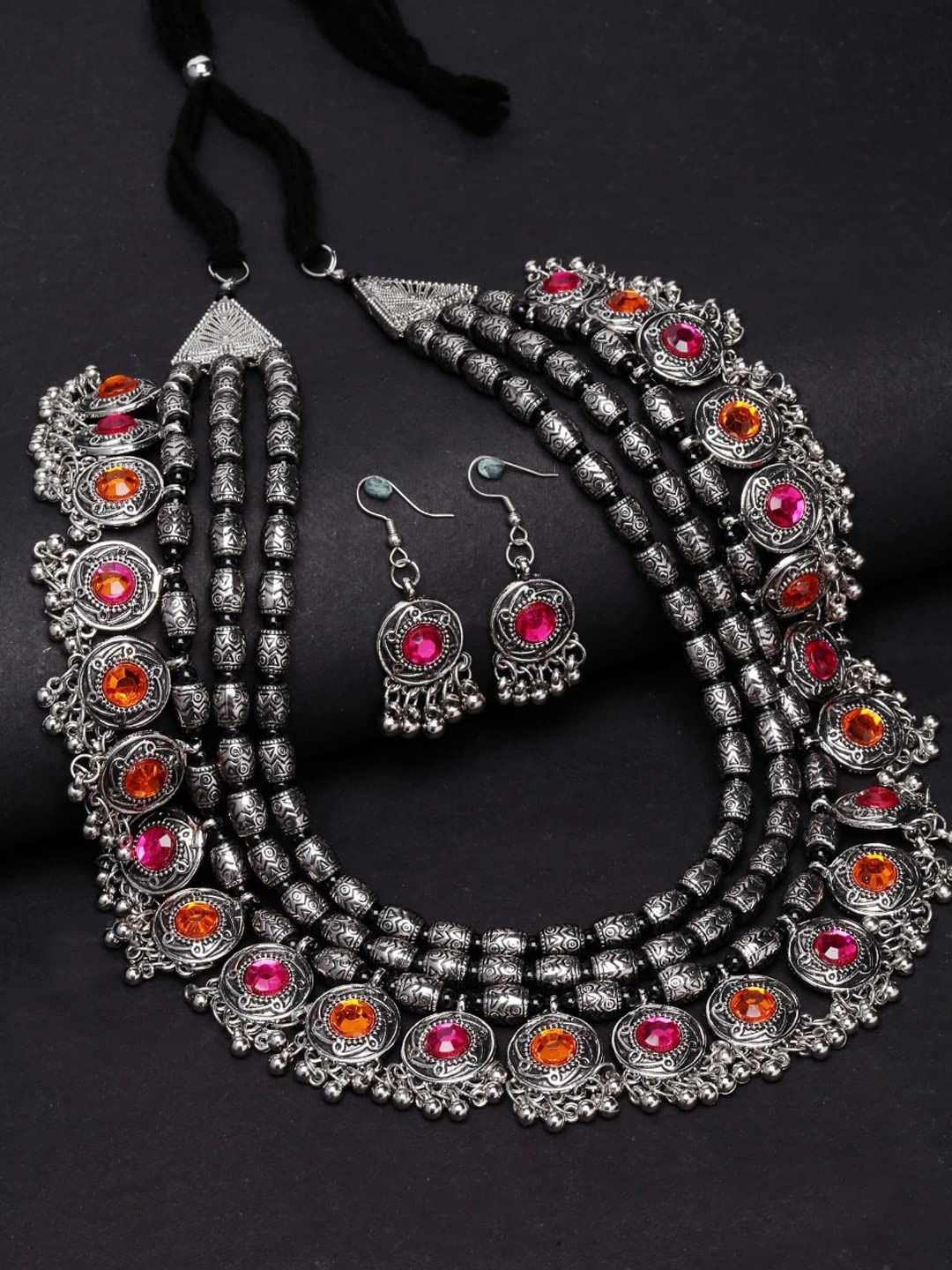 

KRENOZ Silver-Plated Artificial Stones Studded & Beaded Necklace & Earrings