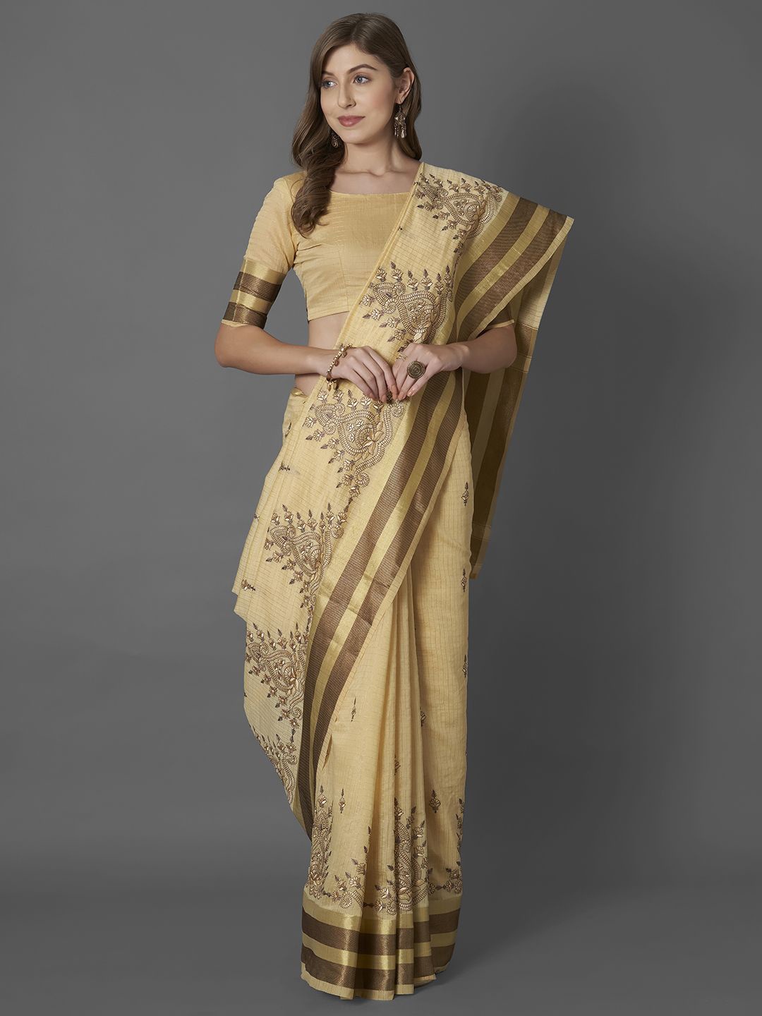 

Mitera Ethnic Motifs Embroidered Saree, Beige