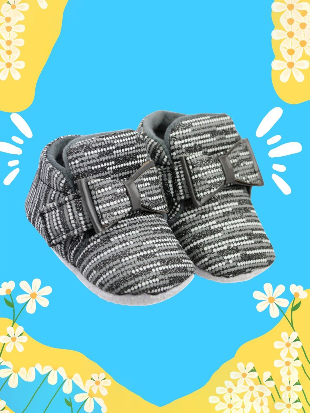

NESKA MODA Girls Printed Bow Detail Cotton Booties, Grey