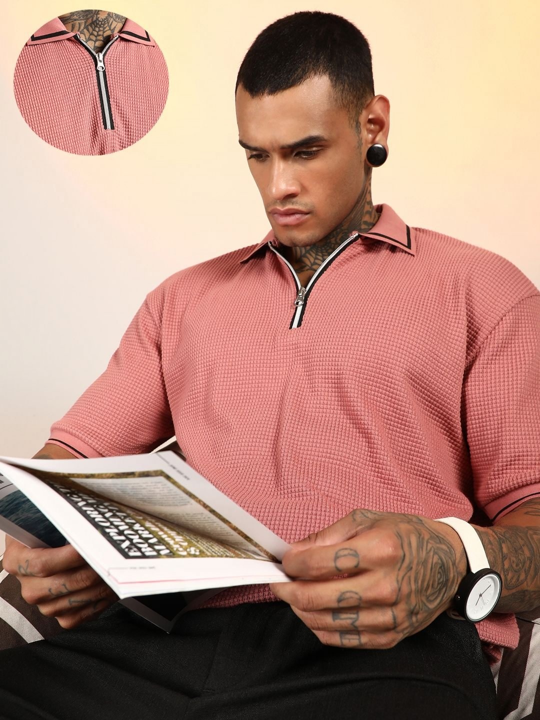 

Campus Sutra Men Self Design Polo Collar Cotton T-shirt, Pink