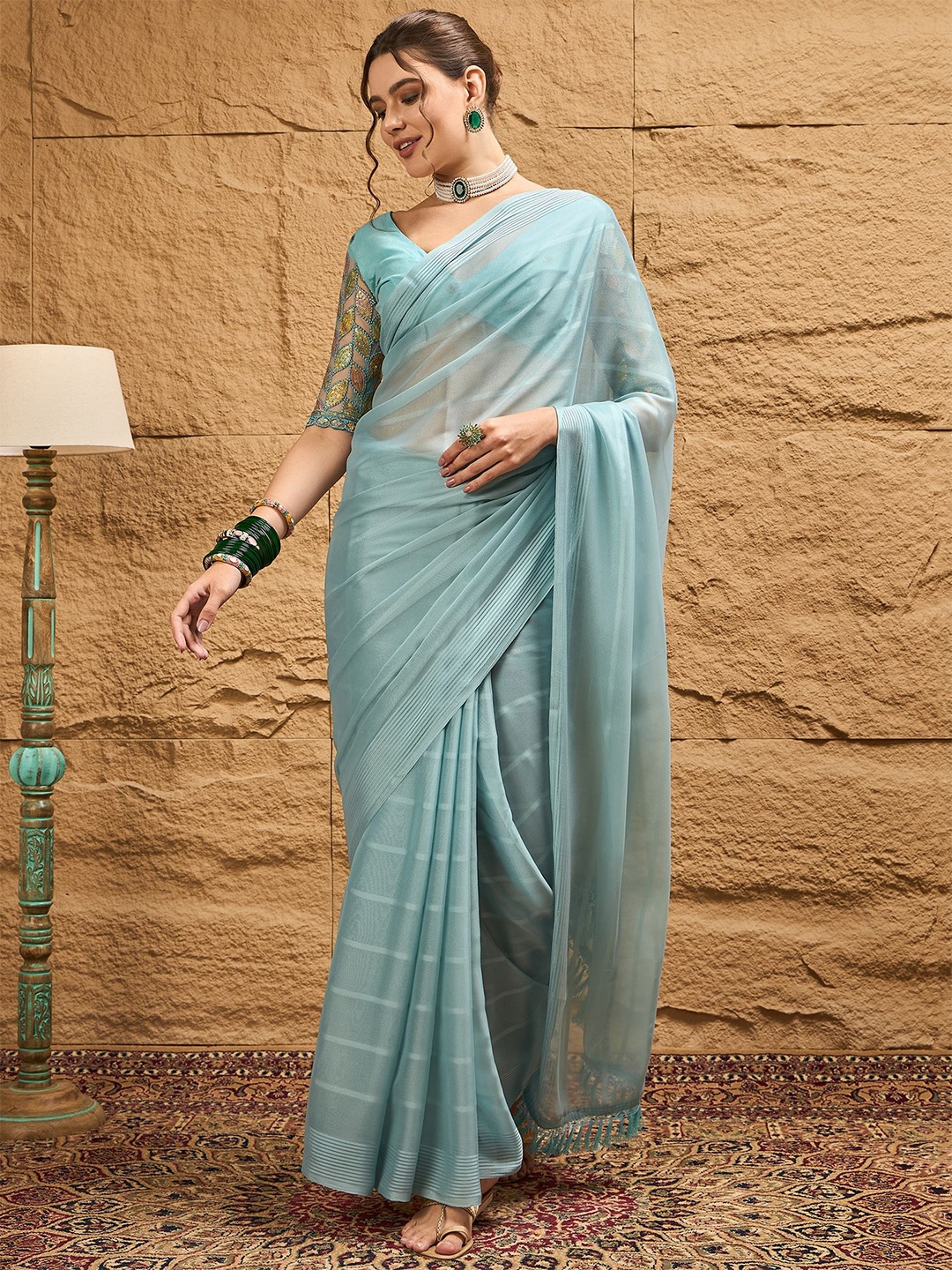 

Dori Striped Printed Pure Chiffon Saree, Blue