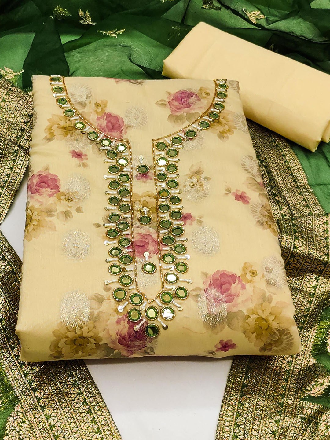 

Ishin Floral Embroidered Beads and Stones Unstitched Dress Material, Yellow