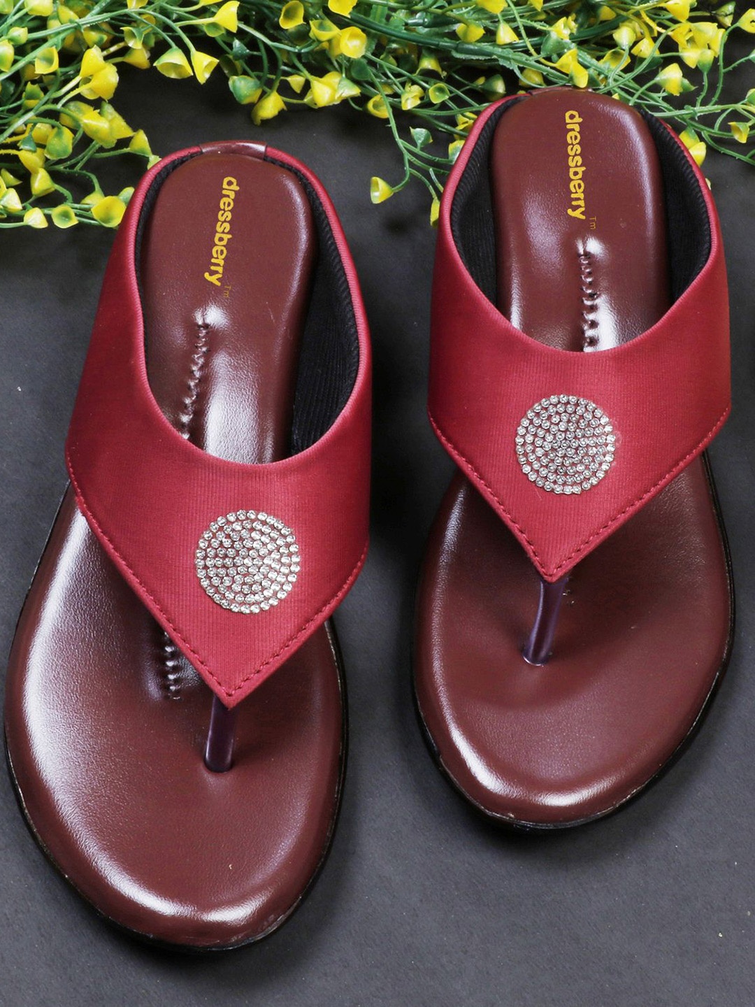 

DressBerry Women Embellished Slip-On T-Strap Flats, Red