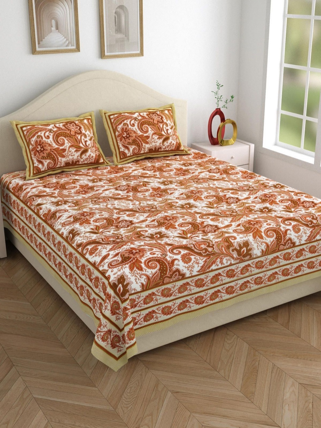 

Salona Bichona Brown & White EthnicMotifs Cotton 120 TC Queen Bedsheet with 2 PillowCovers