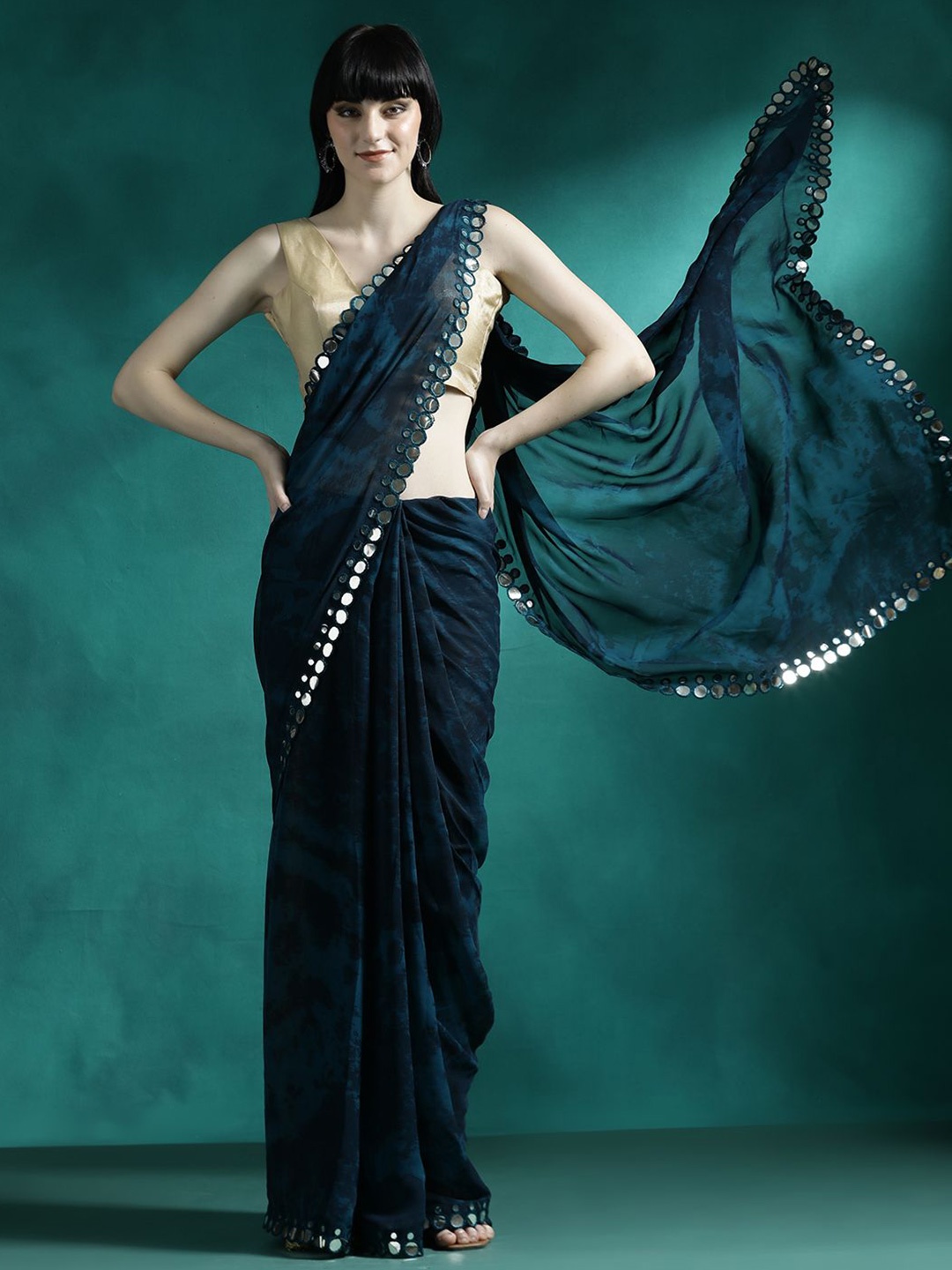 

Sangria Embellished Saree With Blouse Piece, Navy blue