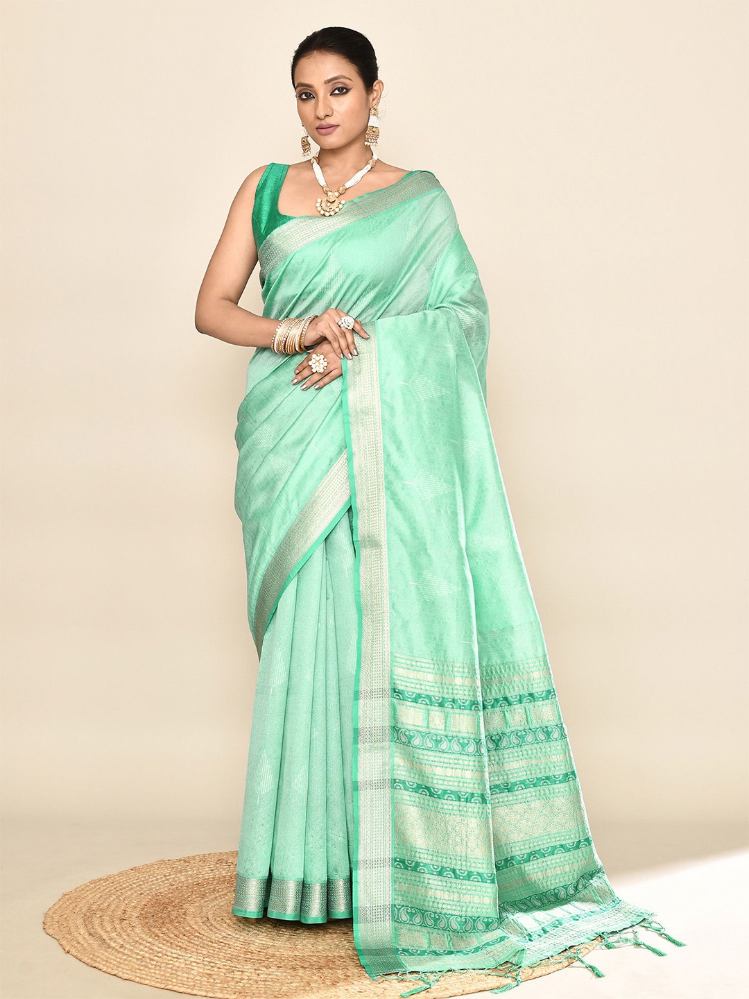 

elora Woven Design Zari Baluchari Saree, Sea green