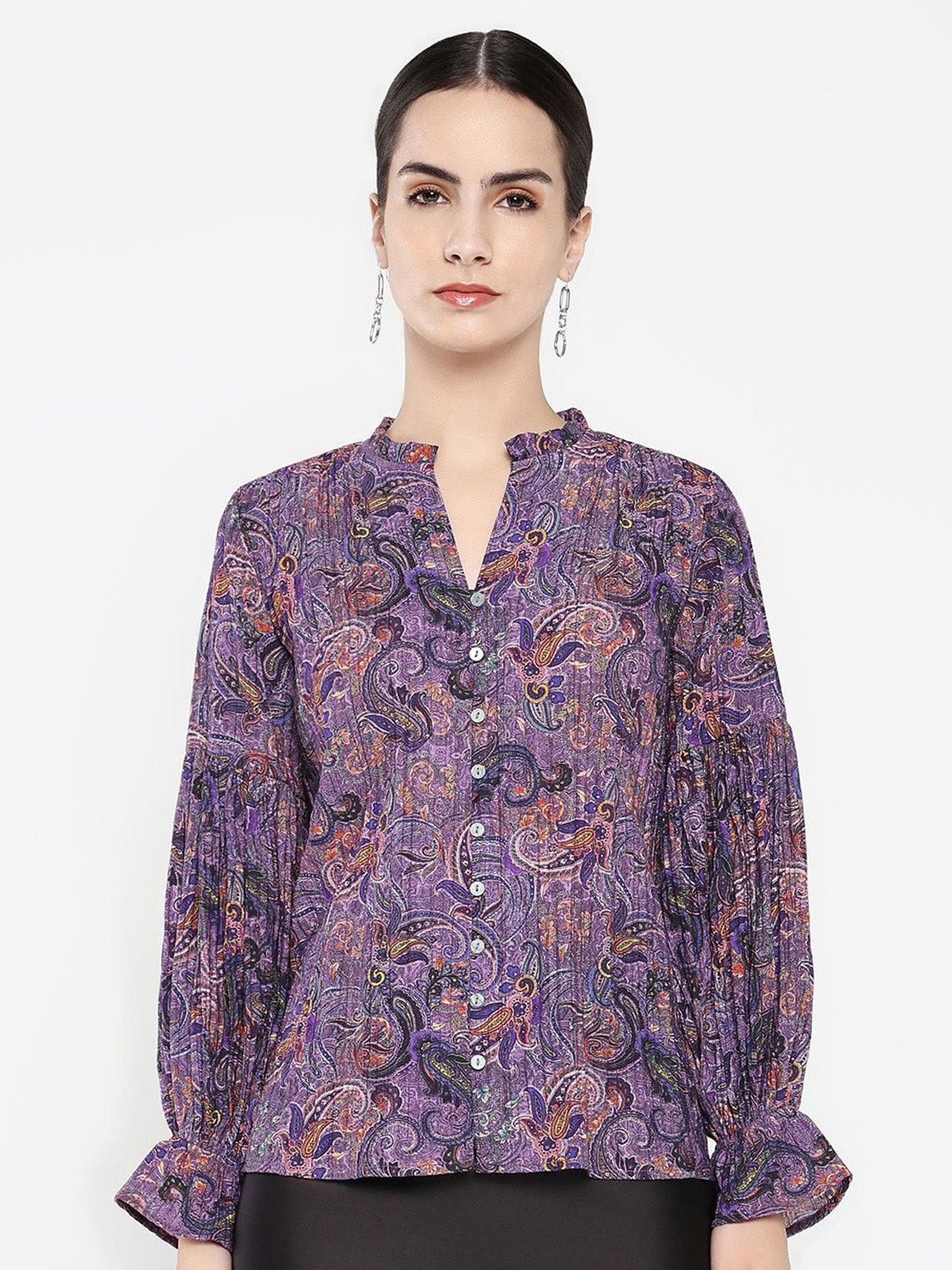 

RAREISM Women Floral Printed Mandarin Collar Top, Purple