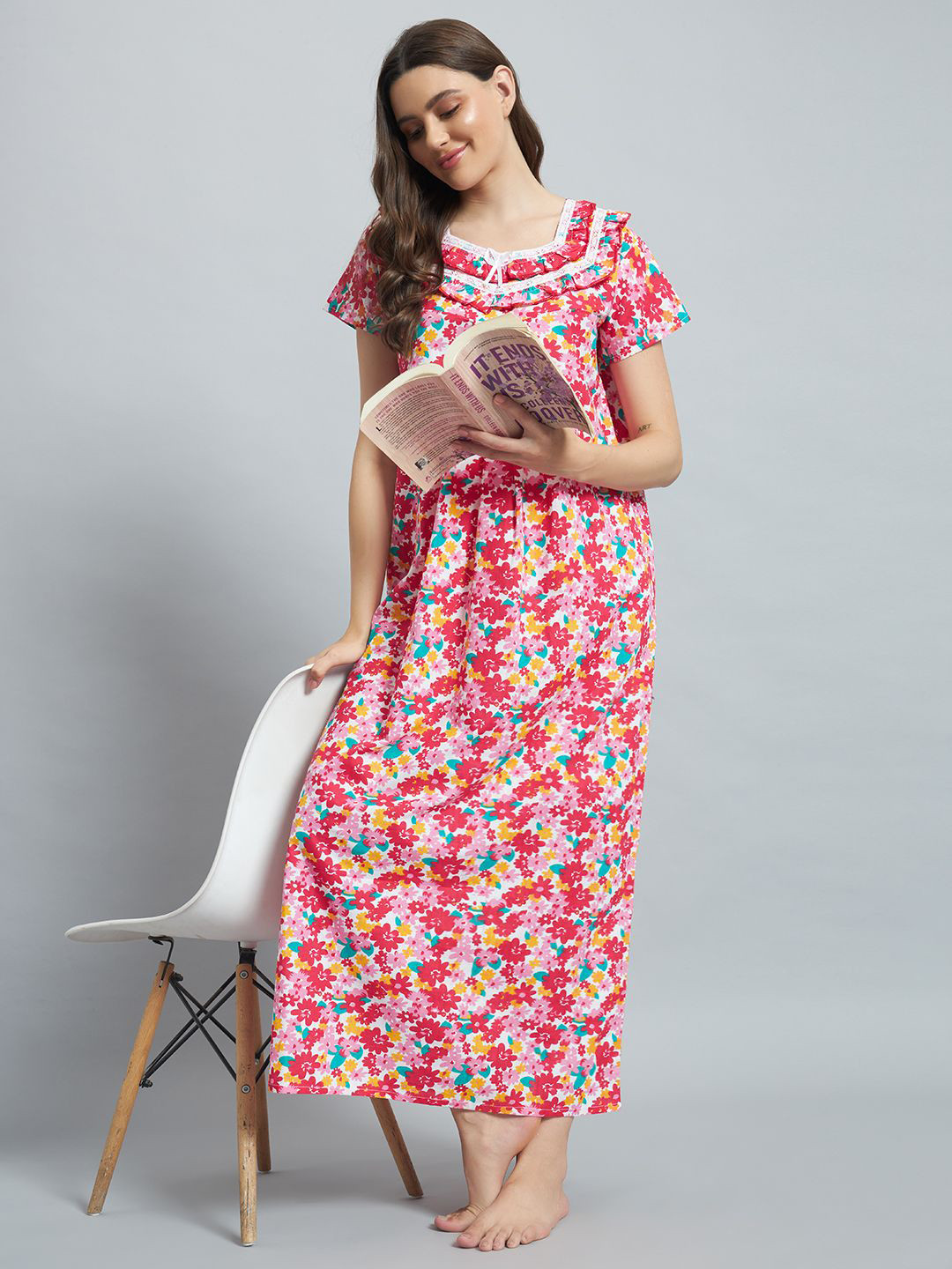 

SEPHANI Square Neck Pure Cotton Printed Maxi Nightdress, Red