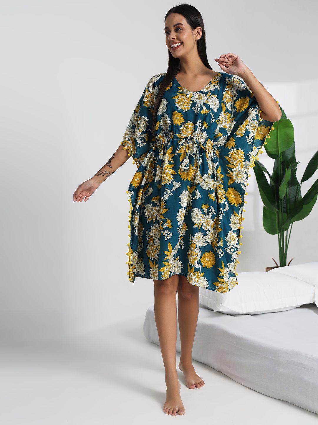 

Bannos Swagger Floral Printed Pure Cotton Kaftan Nightdress, Green