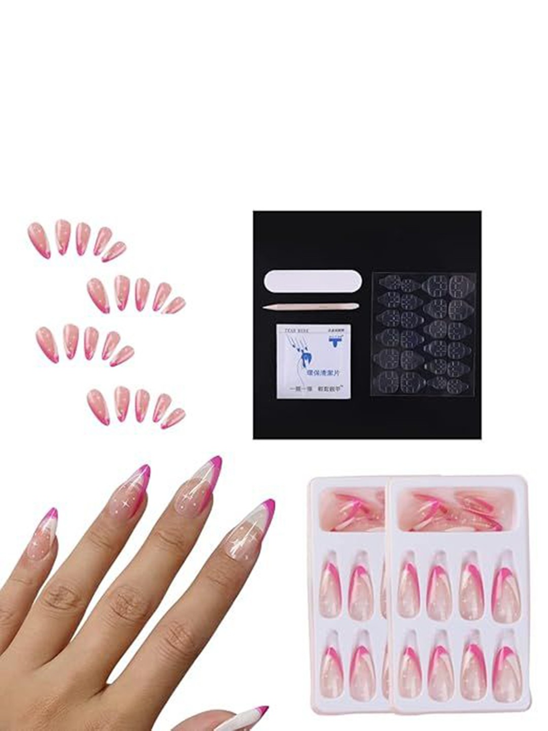 

Coslifestore 24-Pcs Acrylic Gel Artificial Press-On Nails - Pink & White French, Transparent