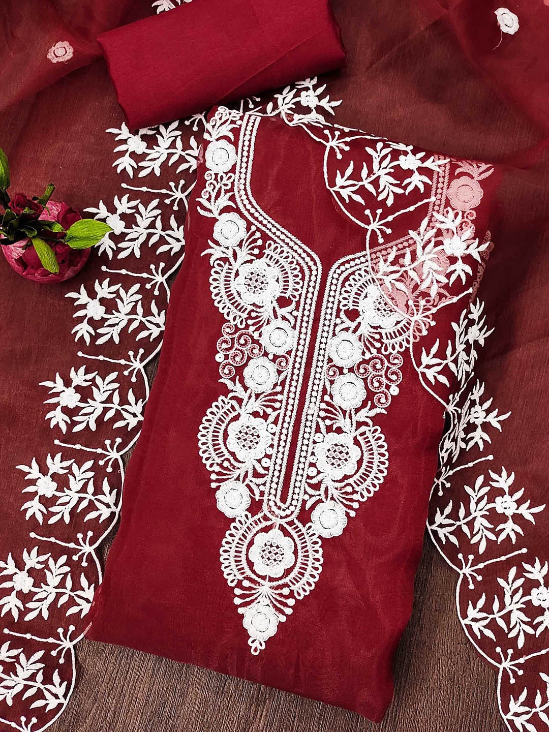 

Ishin Embroidered Thread Work Organza Unstitched Dress Material, Red