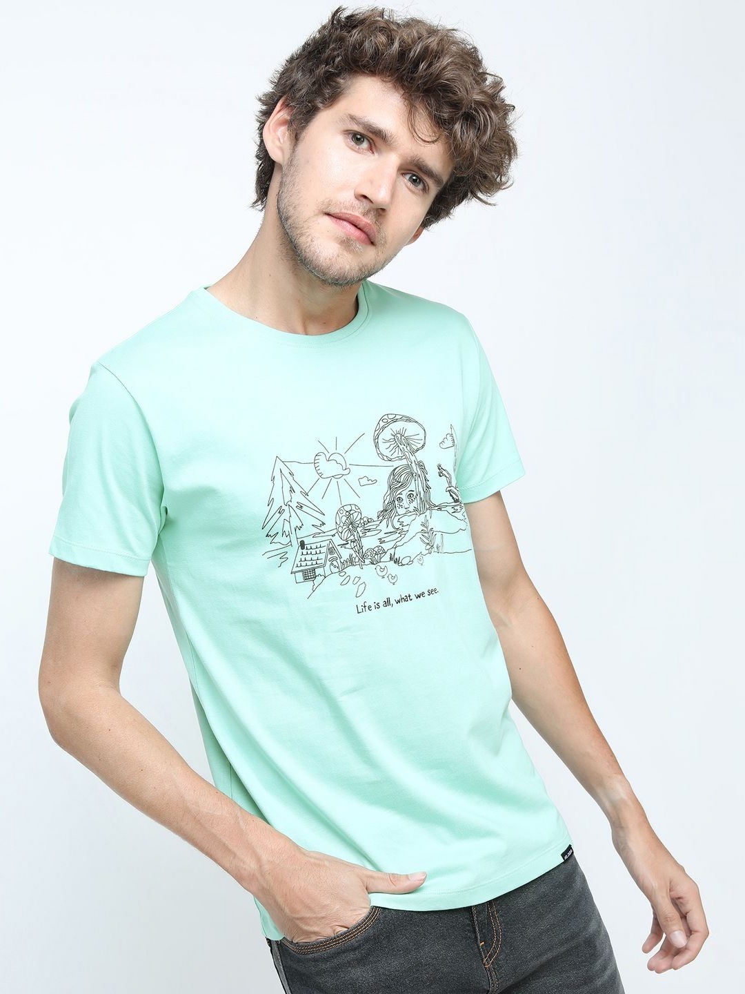 

HIGHLANDER Men Graphic Printed Round Neck Cotton Slim Fit T-shirt, Blue