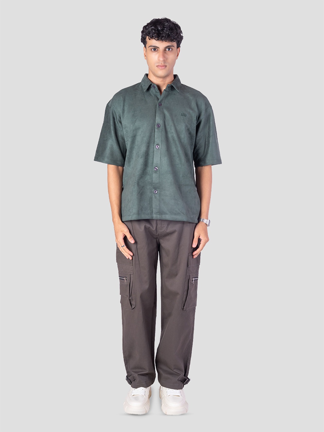 

HOP HEAD Unisex Spread Collar Solid Suede Relaxed Fit Casual Shirt, Green