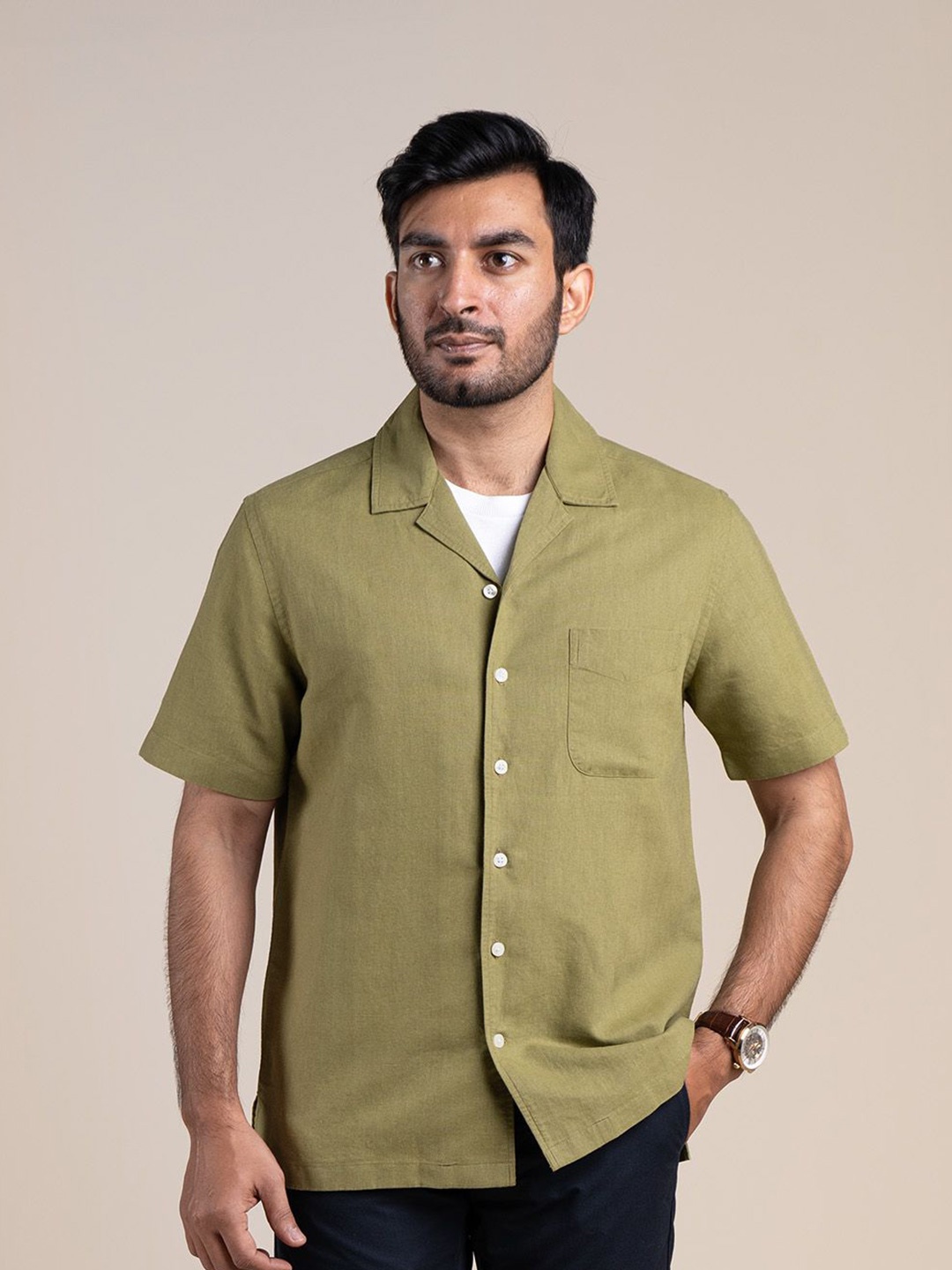 

Monks of Method Men Comfort Cuban Collar Solid Casual Shirt, Green