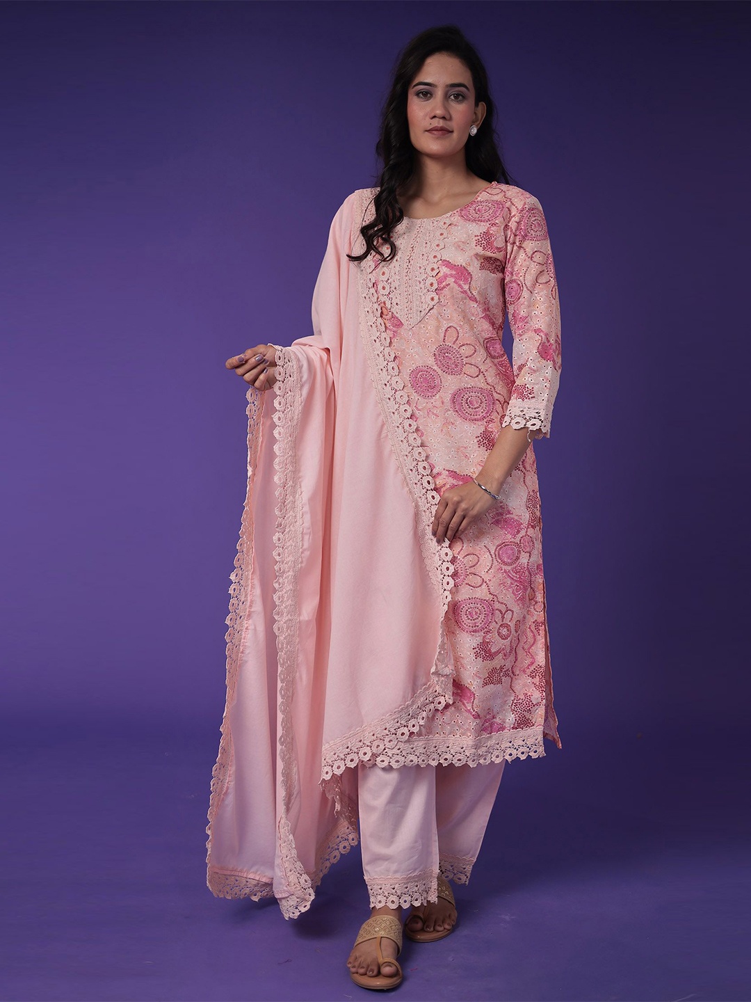 

ZARI Ethnic Motifs Embroidered Pure Cotton Schiffli Straight Kurta With Trousers & Dupatta, Peach