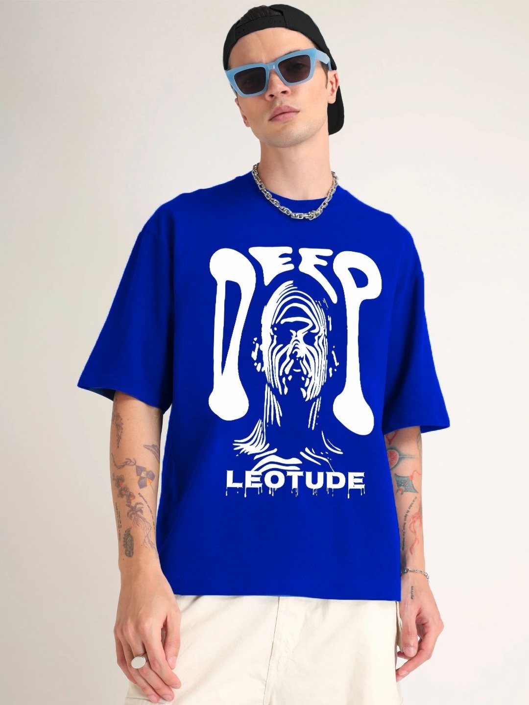 

Leotude Men Graphic Printed Round Neck Cotton Oversized T-shirt, Blue