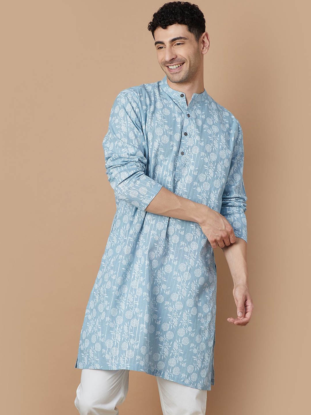 

Melange by Lifestyle Floral Printed Mandarin Collar Cotton Straight Kurta, Grey