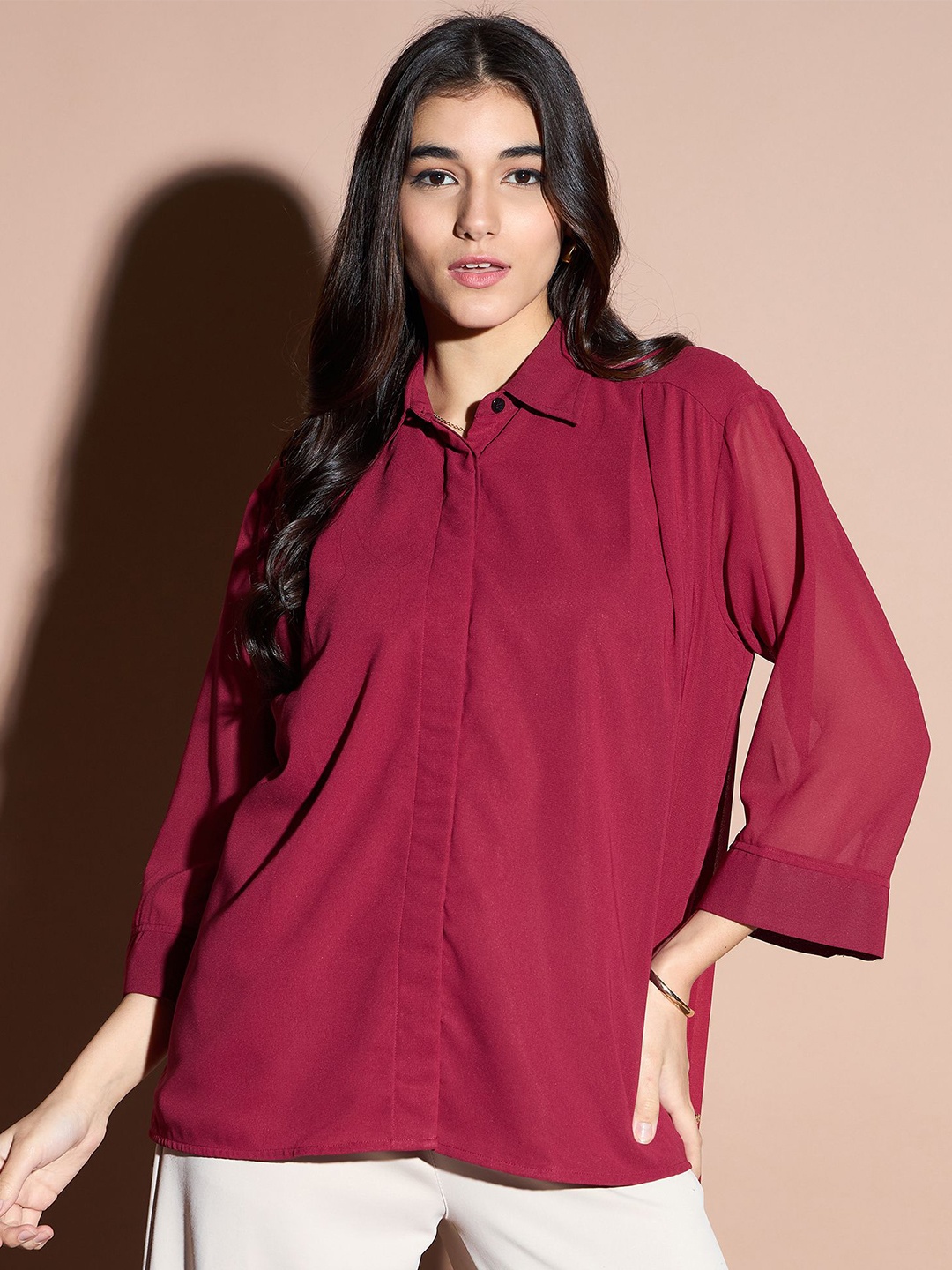 

DressBerry Women Solid Relaxed Fit Shirt Style Top, Maroon