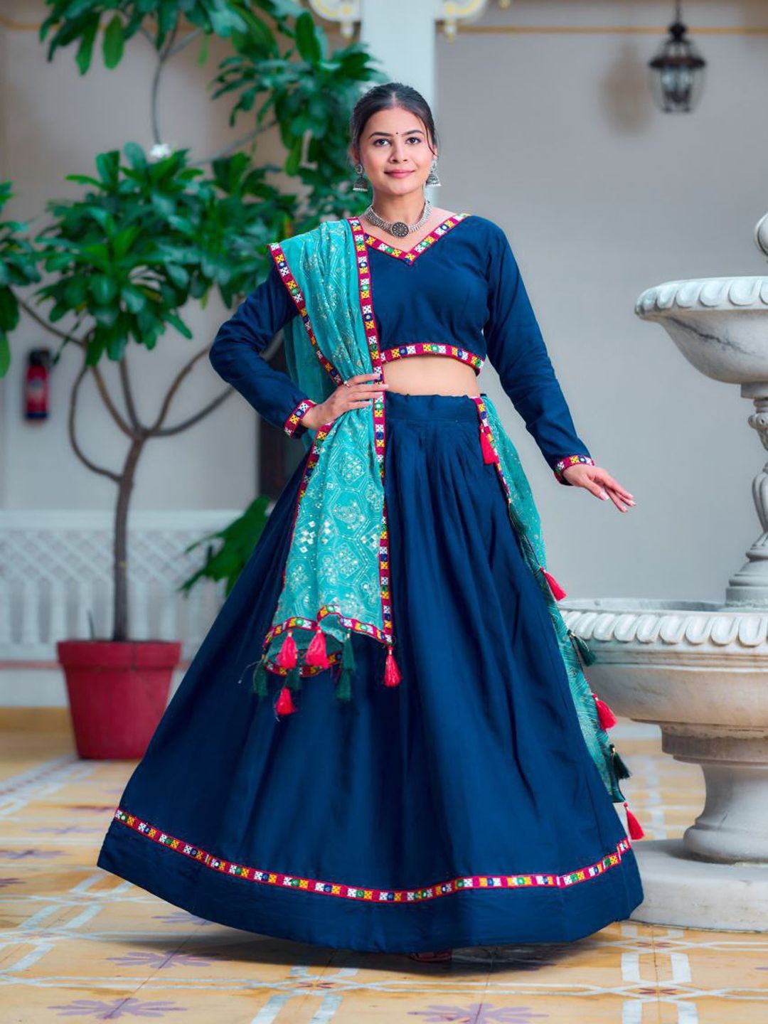 

ZIBLON Embroidered Mirror Work Ready to Wear Lehenga & Blouse With Dupatta, Navy blue