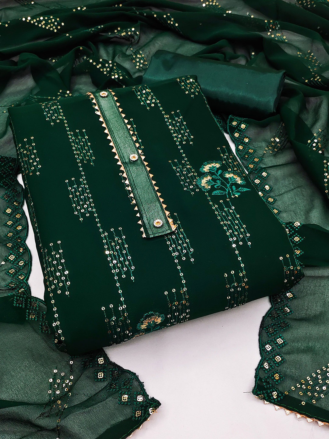 

Ishin Sequin Embroidered Silk Georgette Unstitched Dress Material, Green